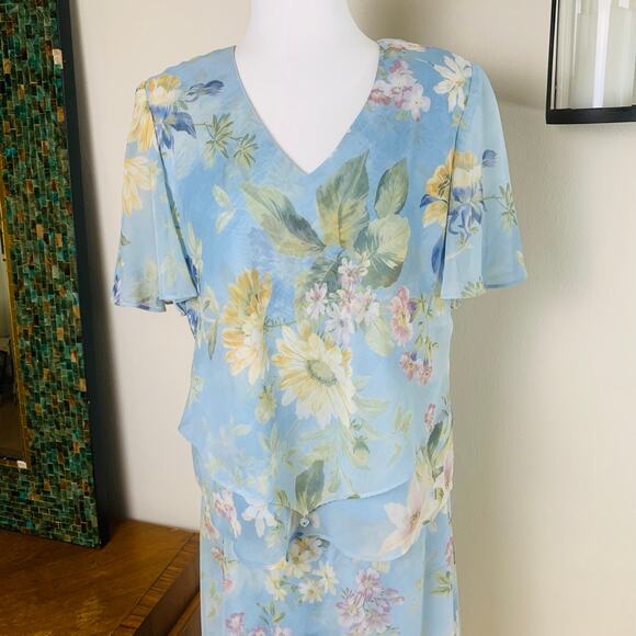 Vintage Sz 14P Floral Ruffle Tired 2 Piece Dress Skirt Set Blue Boho Chiffon - Picture 4 of 11